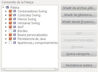 Imagen que muestra el administrador de la paleta. En la zona de la izquierda aparece el listado de categor&iacute;as de componentes y a la derecha una serie de botones para a&ntilde;adir componentes nuevos desde las bibliotecas, desde un archivo jar o desde un proyecto y m&aacute;s botones para gestionar las categor&iacute;as. 